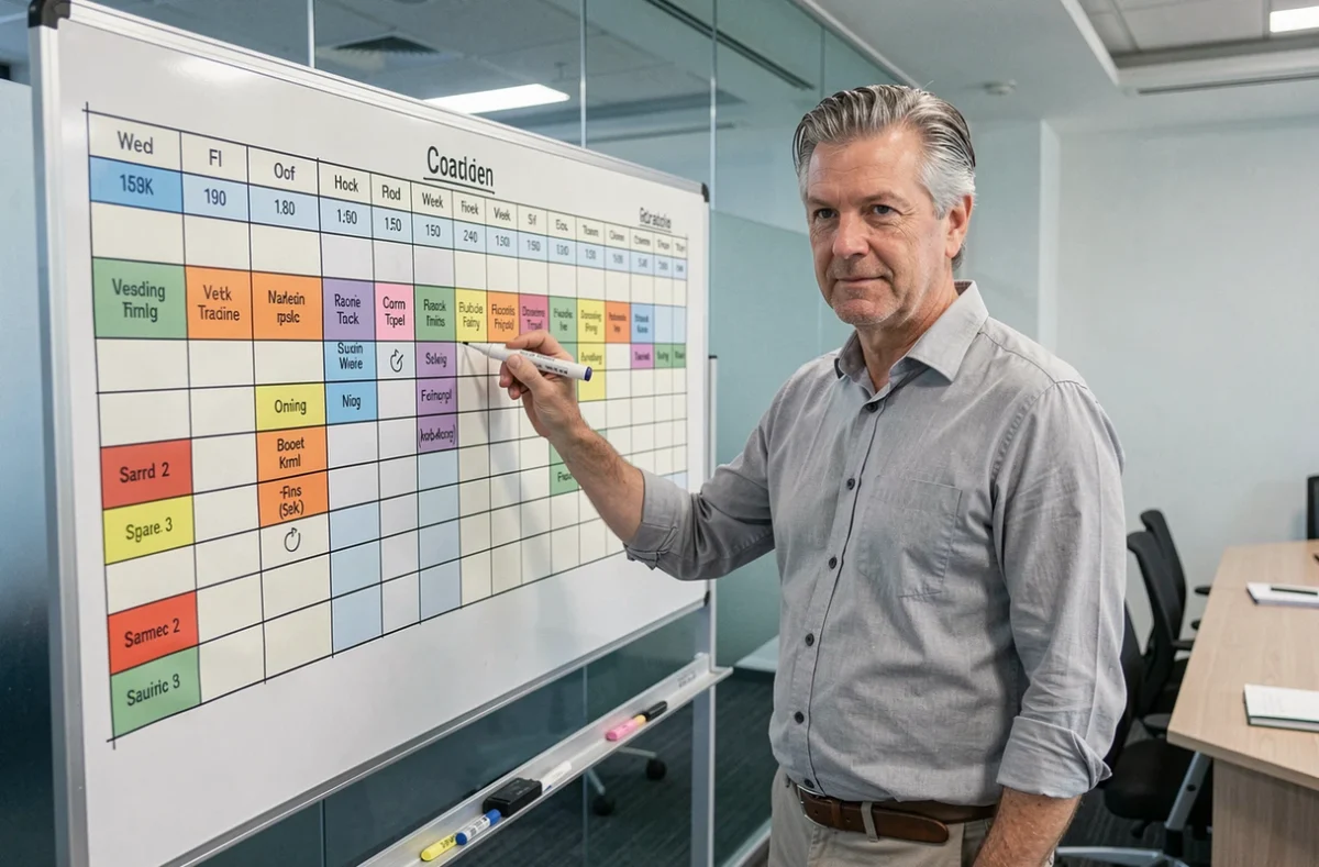 Manager présentant un planning tournant trimestriel sur tableau blanc en salle de réunion d'entreprise