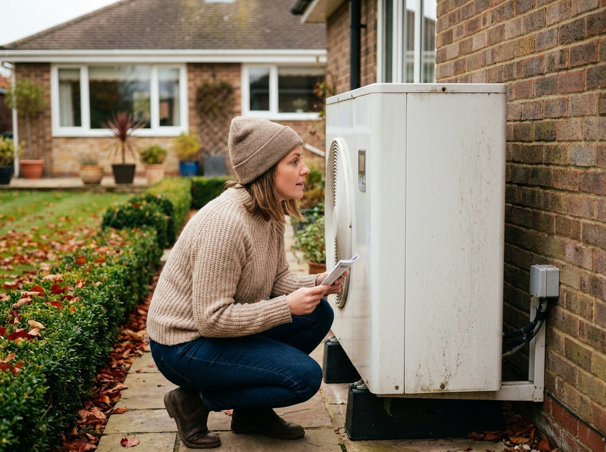 Femme inspectant une pompe à chaleur domestique installée sur la façade d'une maison, lien entre technologie thermique industrielle et confort quotidien