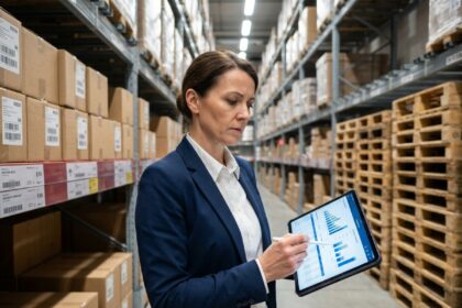 Responsable logistique en entrepôt analysant des prévisions de stock sur une tablette numérique