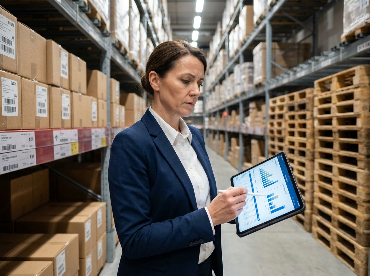 Responsable logistique en entrepôt analysant des prévisions de stock sur une tablette numérique