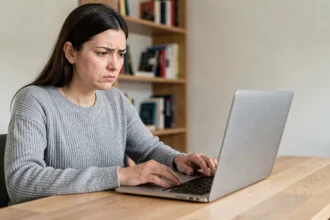 Femme frustrée face à un problème de connexion sur son compte Arkevia depuis un ordinateur portable à domicile