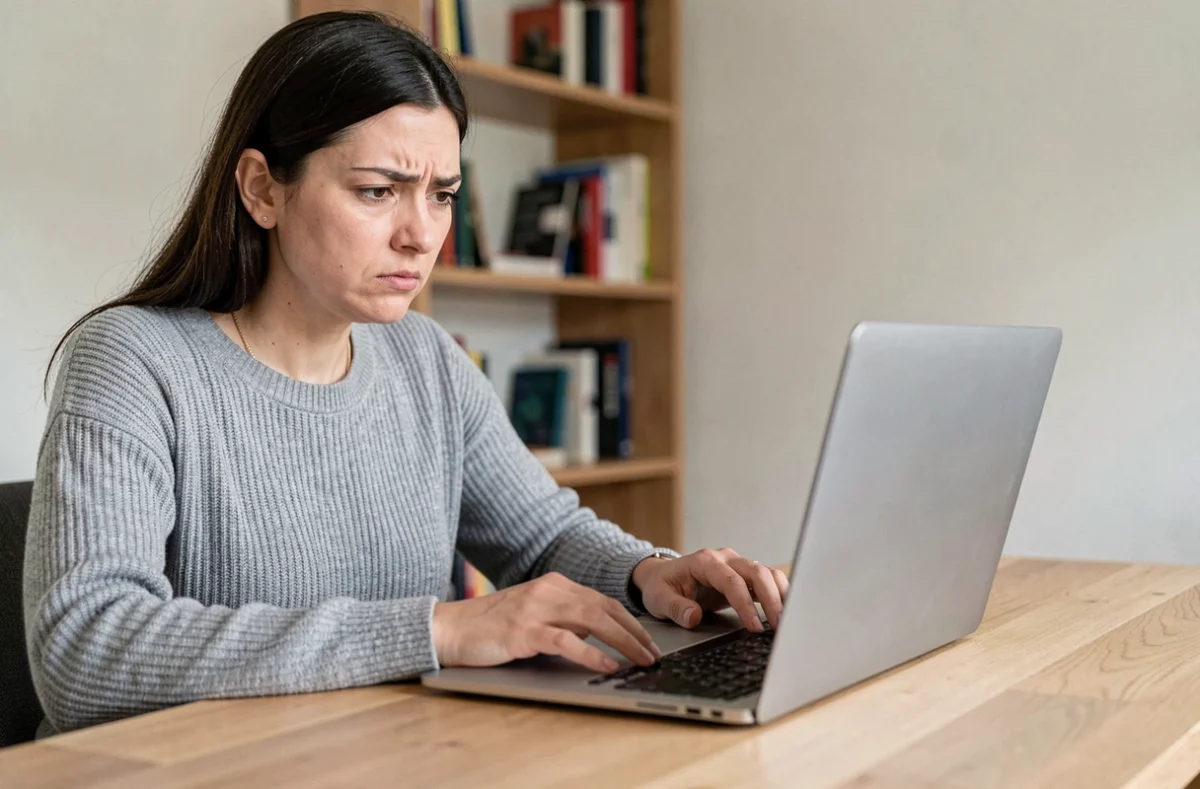Femme frustrée face à un problème de connexion sur son compte Arkevia depuis un ordinateur portable à domicile