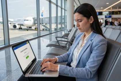 Femme utilisant un ordinateur portable à l'aéroport pour résoudre un problème de connexion Air France intraline