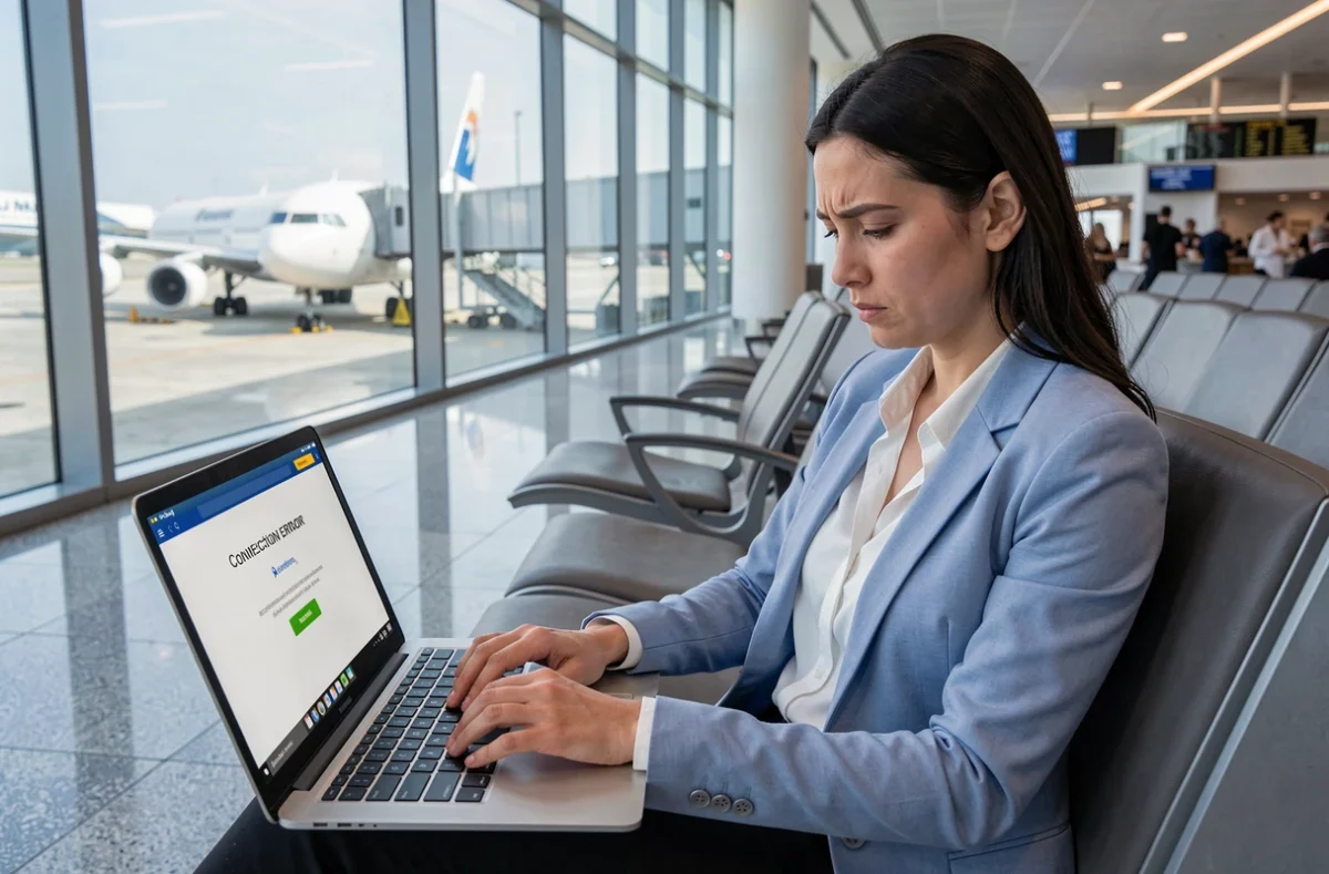 Femme utilisant un ordinateur portable à l'aéroport pour résoudre un problème de connexion Air France intraline
