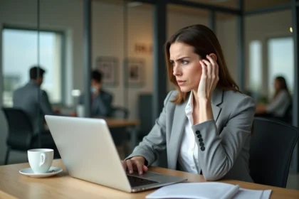 Femme frustrée devant un message d'erreur sur un portail RH mydocpeople sur son ordinateur portable au bureau
