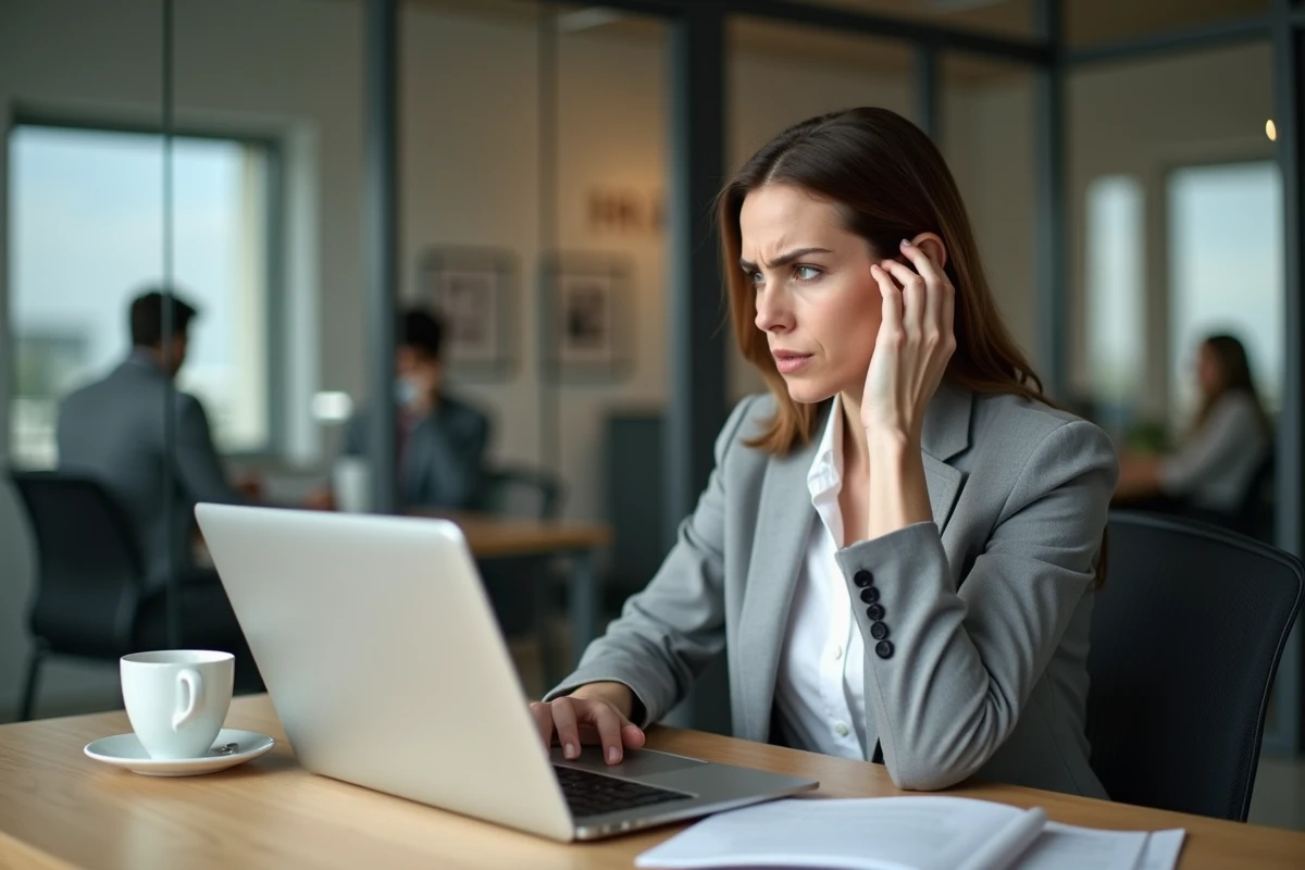 Femme frustrée devant un message d'erreur sur un portail RH mydocpeople sur son ordinateur portable au bureau