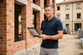 Professionnel du bâtiment en portage salarial consultant des plans sur tablette devant un chantier à Toulouse