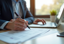 Professionnel au bureau remplissant une facture avec un stylo