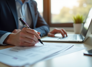 Professionnel au bureau remplissant une facture avec un stylo