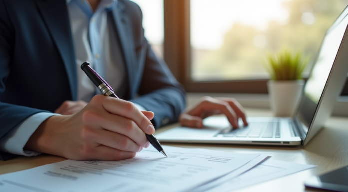 Professionnel au bureau remplissant une facture avec un stylo