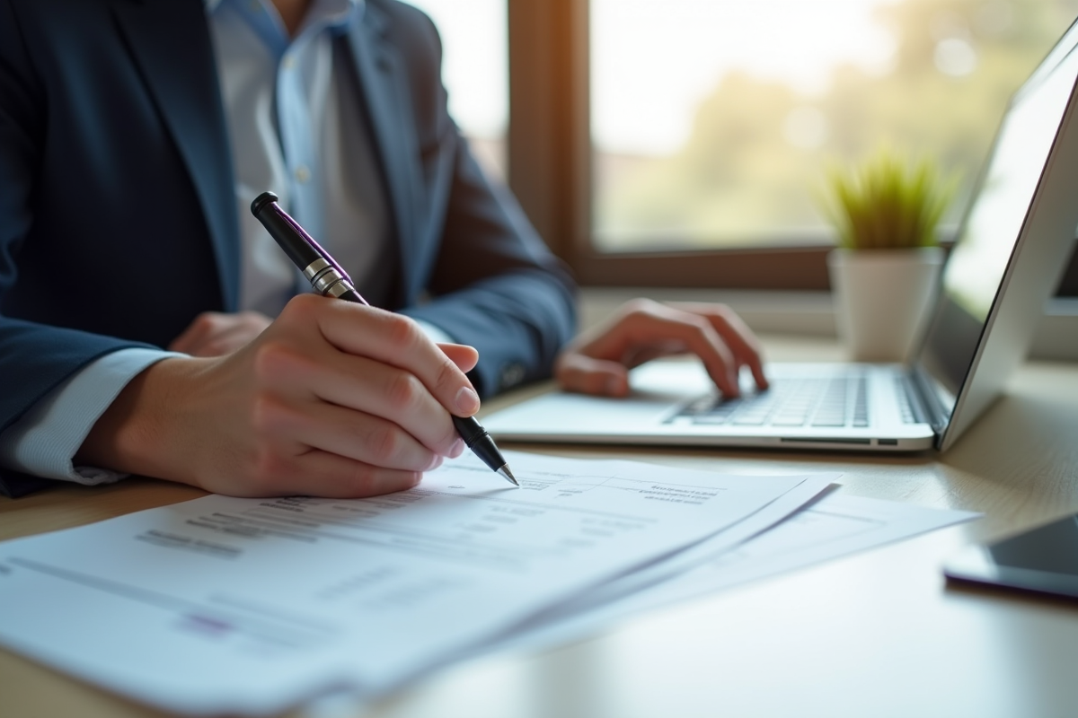 Professionnel au bureau remplissant une facture avec un stylo