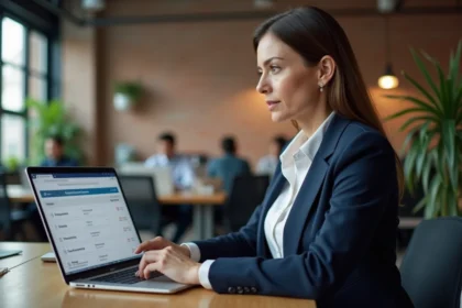 Professionnelle en blazer navy consultant les options de tarification d'un outil IA marketing sur un ordinateur portable dans un bureau moderne