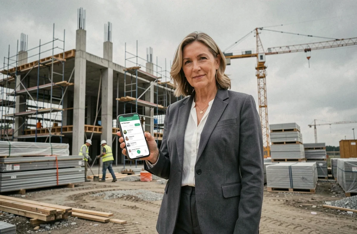 Professionnelle du bâtiment sur chantier consultant une application de gestion des leads sur smartphone