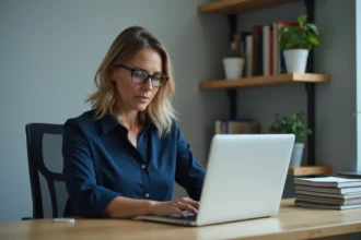 Professionnelle utilisant le portail Prodouane sur un ordinateur portable dans un bureau organisé à domicile