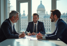 Trois professionnels discutant autour d'une table dans un bureau lumineux avec bâtiments français en arrière-plan