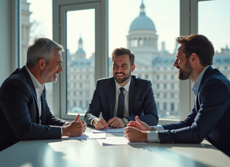 Politiques publiques : trois termes clés à connaître en France Trois professionnels discutant autour d'une table dans un bureau lumineux avec bâtiments français en arrière-plan