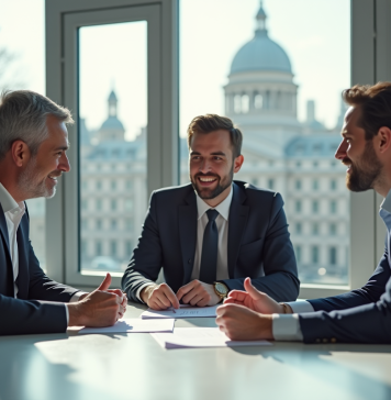 Politiques publiques : trois termes clés à connaître en France Trois professionnels discutant autour d'une table dans un bureau lumineux avec bâtiments français en arrière-plan