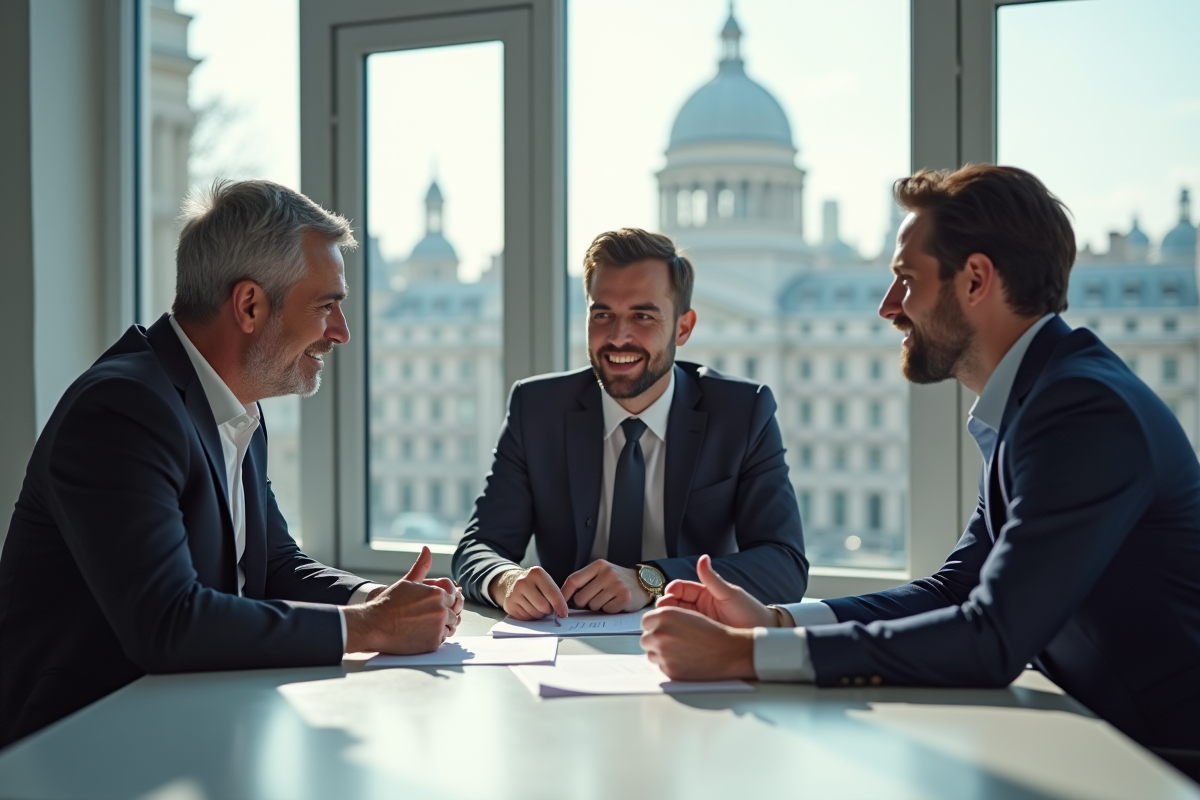 Trois professionnels discutant autour d'une table dans un bureau lumineux avec bâtiments français en arrière-plan