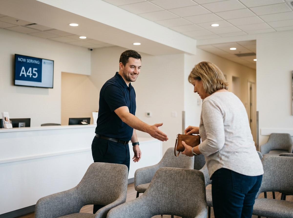 Réceptionniste orientant une visiteuse vers les fauteuils d'attente dans le hall d'une clinique moderne