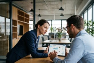Recruteuse analysant un tableau de bord de recrutement numérique avec un candidat lors d'un entretien dans un bureau moderne