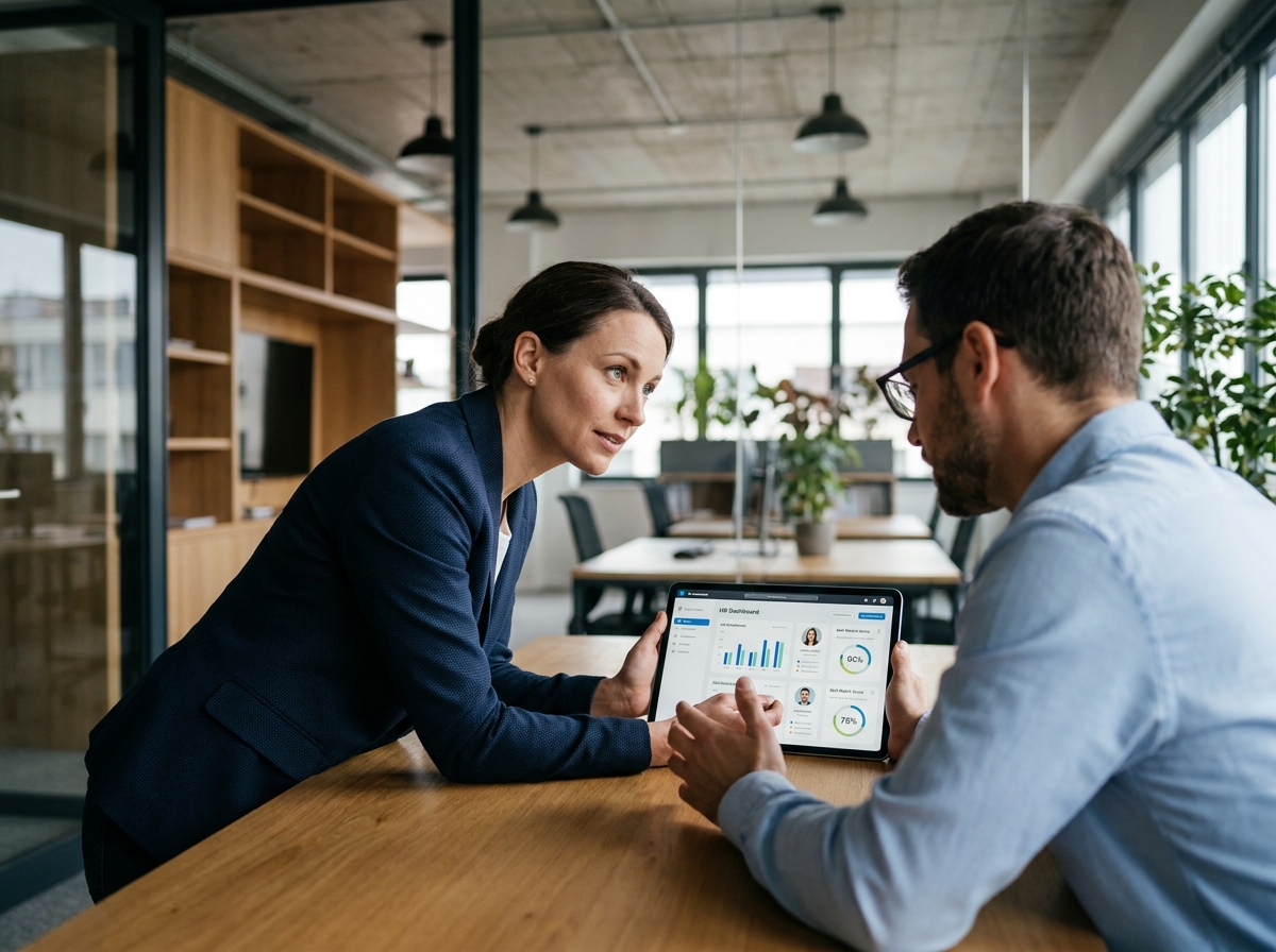 Recruteuse analysant un tableau de bord de recrutement numérique avec un candidat lors d'un entretien dans un bureau moderne