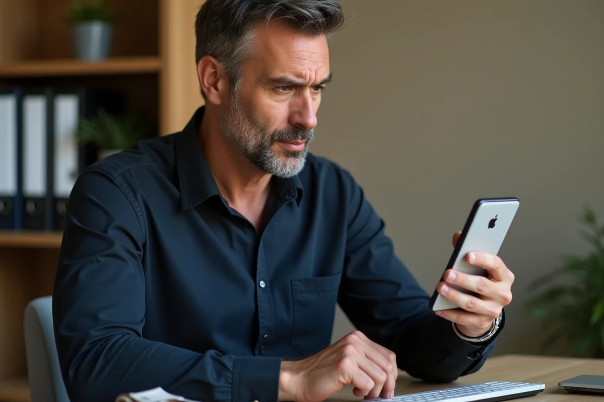 Homme en télétravail consultant un email de récupération de mot de passe sur son smartphone dans un bureau à domicile