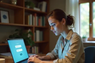 Femme frustrée devant un formulaire de récupération de mot de passe sur ordinateur portable à la maison