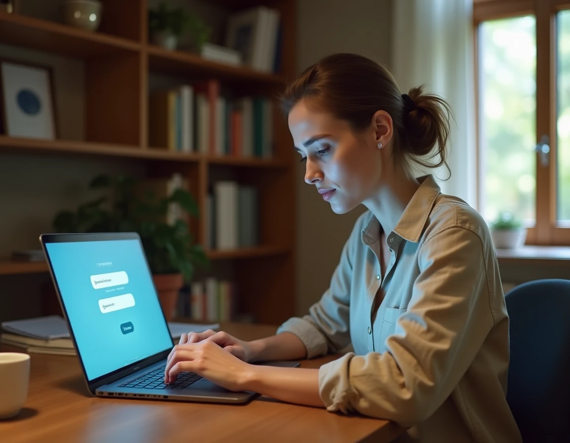Femme frustrée devant un formulaire de récupération de mot de passe sur ordinateur portable à la maison