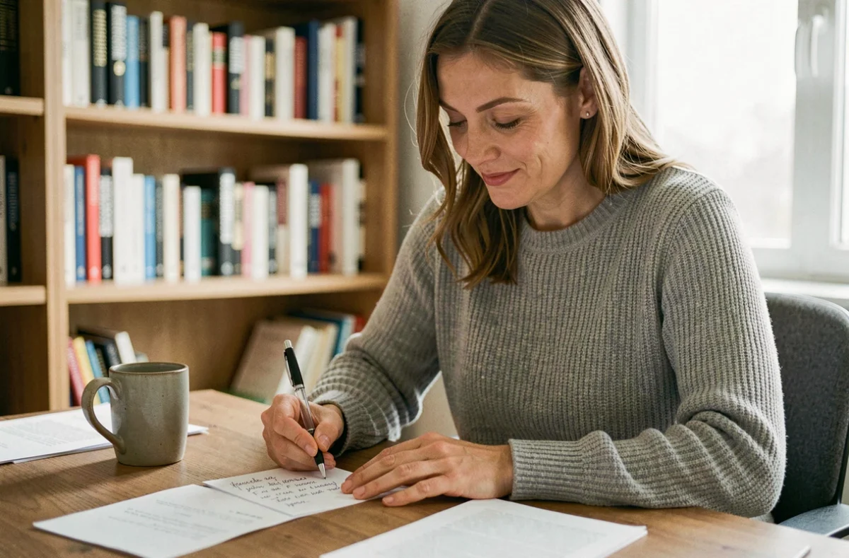 Femme rédigeant un message de départ personnalisé pour un collègue à son bureau à domicile