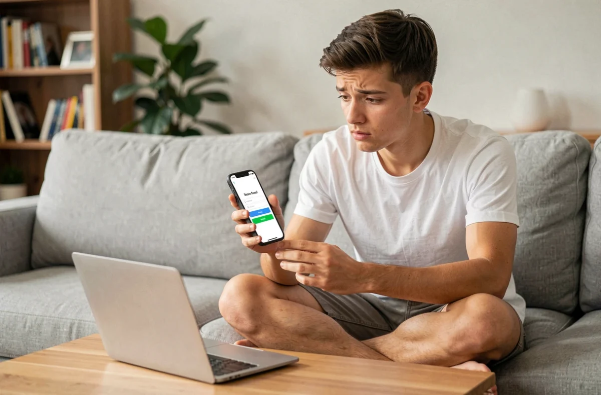 Jeune personne tentant de réinitialiser son mot de passe Arkevia depuis un smartphone dans un salon moderne