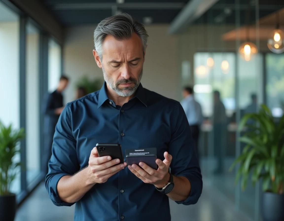 Homme professionnel consultant son téléphone pour réinitialiser un mot de passe dans un bureau moderne