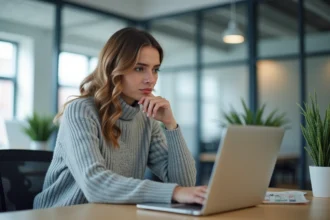 Femme au bureau regardant un formulaire de réinitialisation de mot de passe sur un ordinateur portable dans un open space moderne