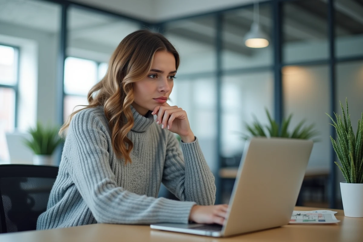 Femme au bureau regardant un formulaire de réinitialisation de mot de passe sur un ordinateur portable dans un open space moderne