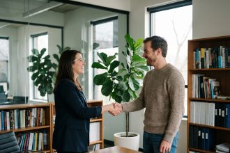 Femme d affaires souriante serre la main d un homme dans un bureau moderne