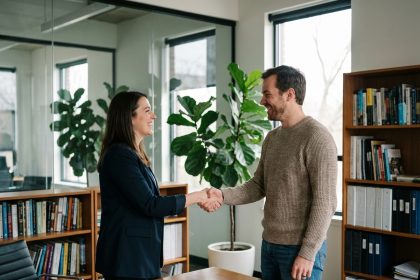 Femme d affaires souriante serre la main d un homme dans un bureau moderne