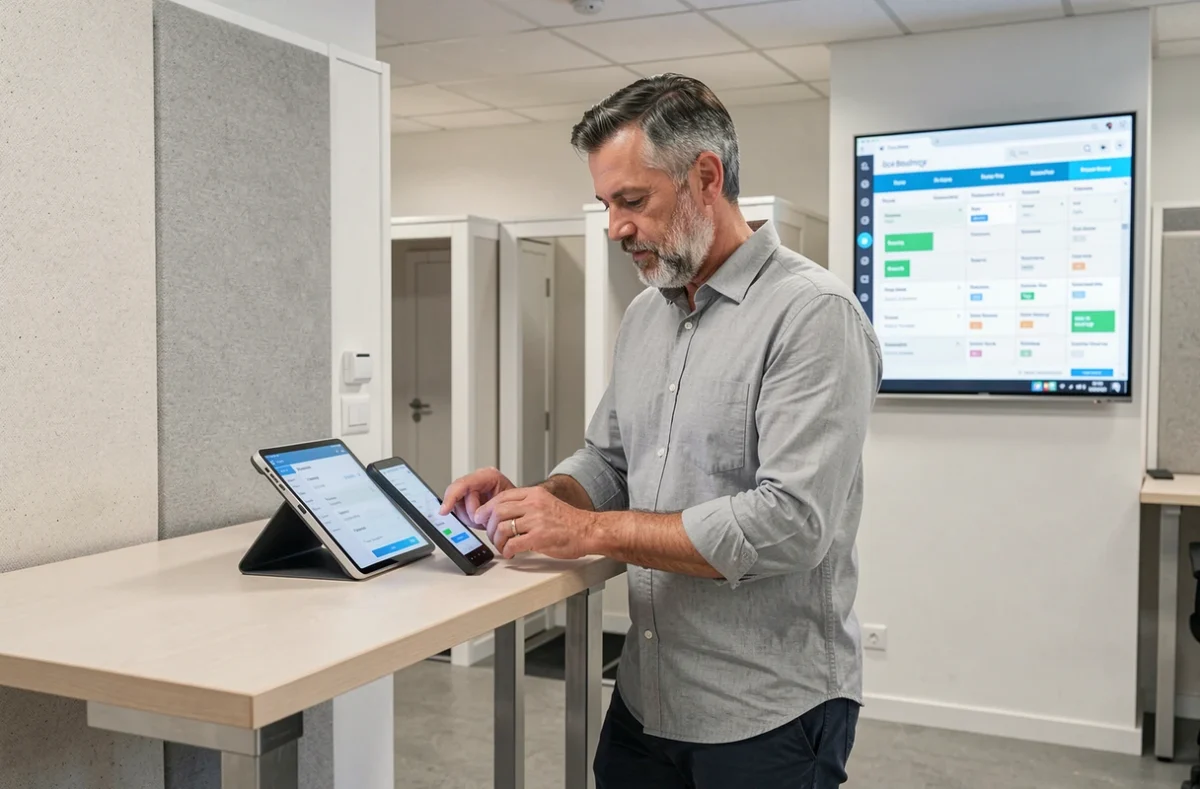 Homme réservant un poste de travail en coworking sur tablette dans un espace moderne à Tarbes