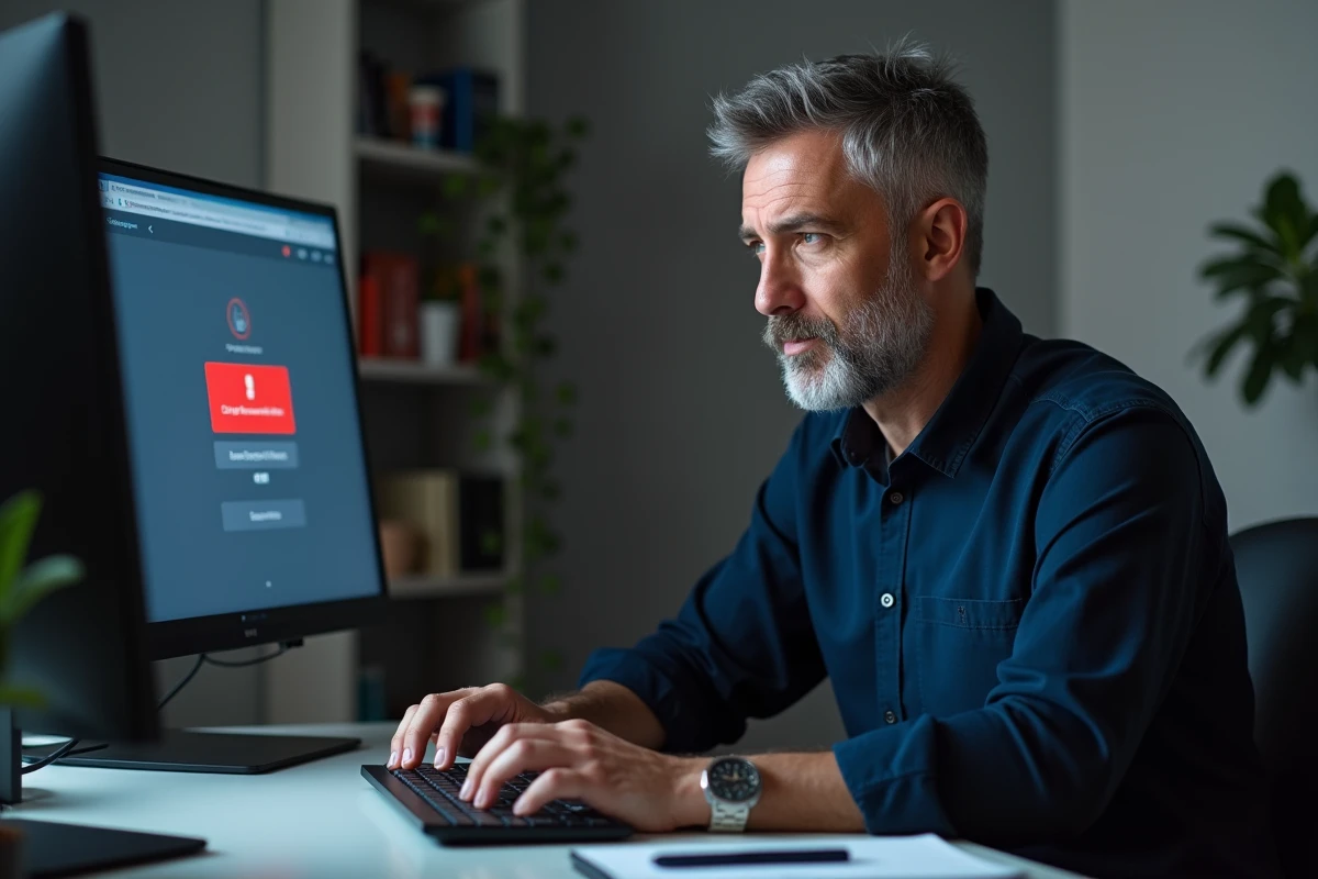 Homme cherchant une solution à un problème de connexion sur un portail en ligne depuis son bureau à domicile