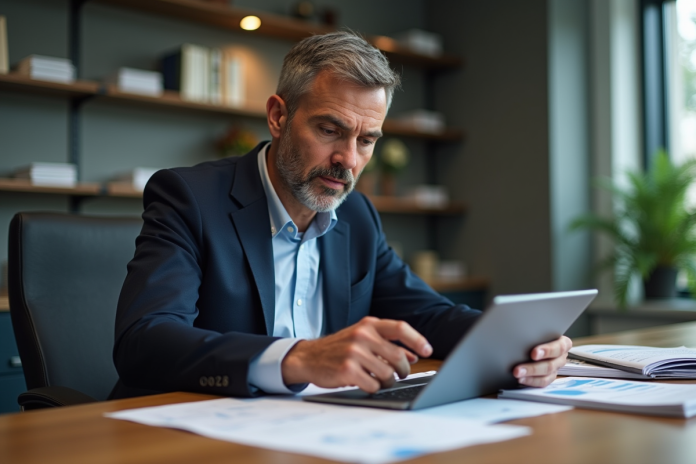 Manager administratif homme en réunion dans un bureau moderne