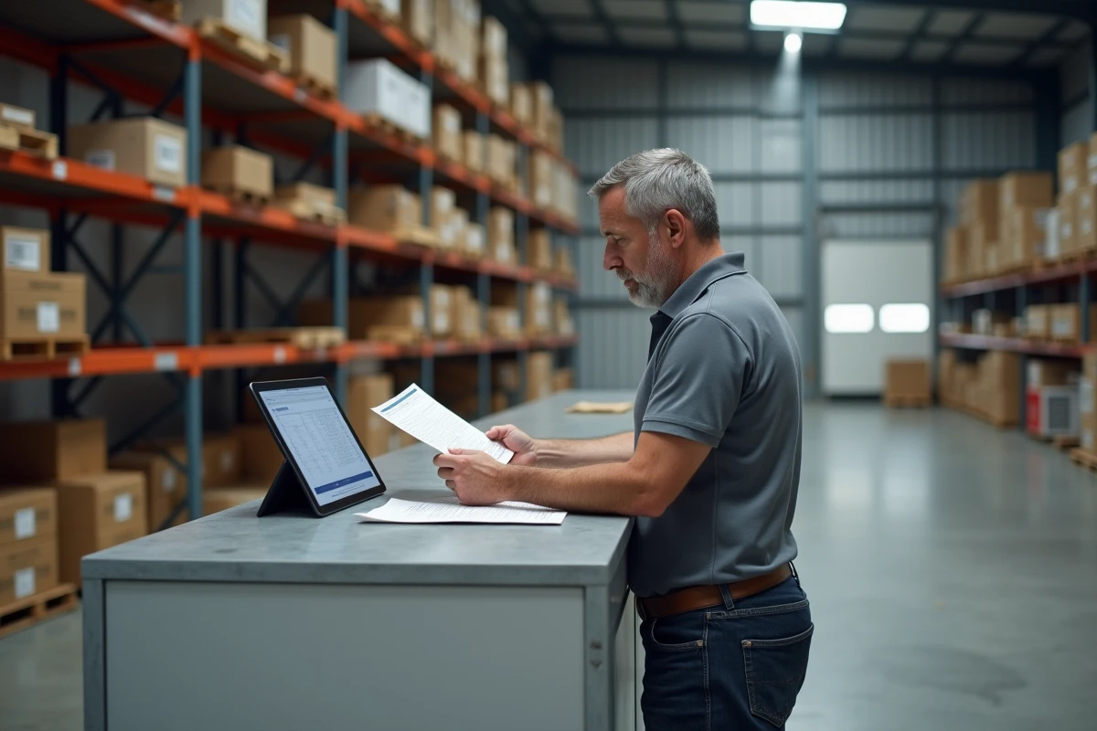 Responsable logistique vérifiant une déclaration douanière sur Prodouane dans un entrepôt