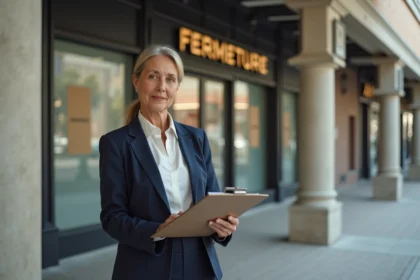 Responsable de magasin devant une boutique GiFi fermée dans un centre commercial, tenant un clipboard et analysant les opportunités commerciales