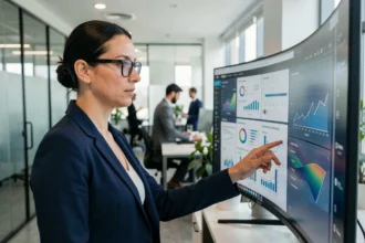 Responsable RH analysant les données de sécurité d'un logiciel SIRH SaaS sur un écran incurvé dans un bureau moderne