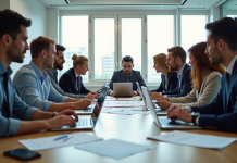 Réunion d'affaires avec équipe diverse en bureau moderne