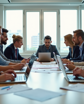 Réunion d'affaires avec équipe diverse en bureau moderne
