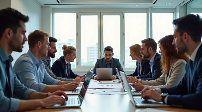 Réunion d'affaires avec équipe diverse en bureau moderne