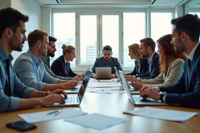 reunion-affaires-equipe Réunion d'affaires avec équipe diverse en bureau moderne