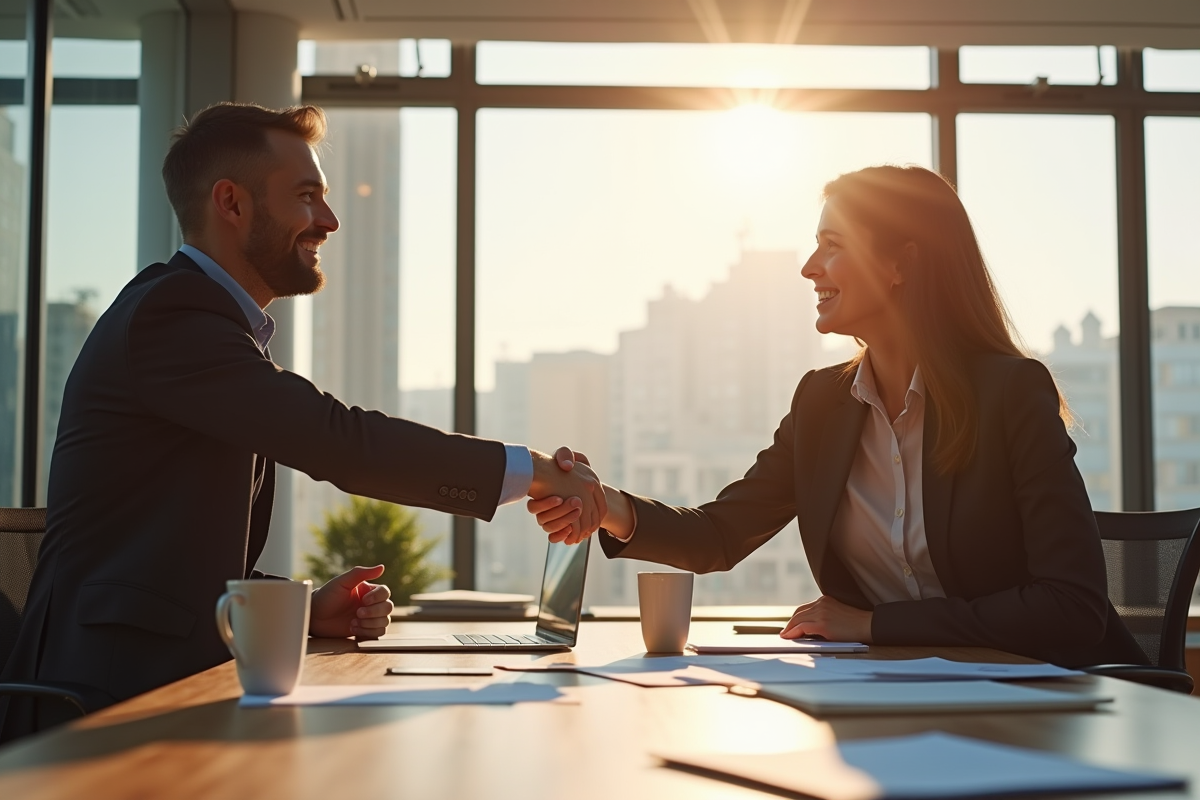 Deux professionnels d'affaires se serrant la main dans un bureau lumineux