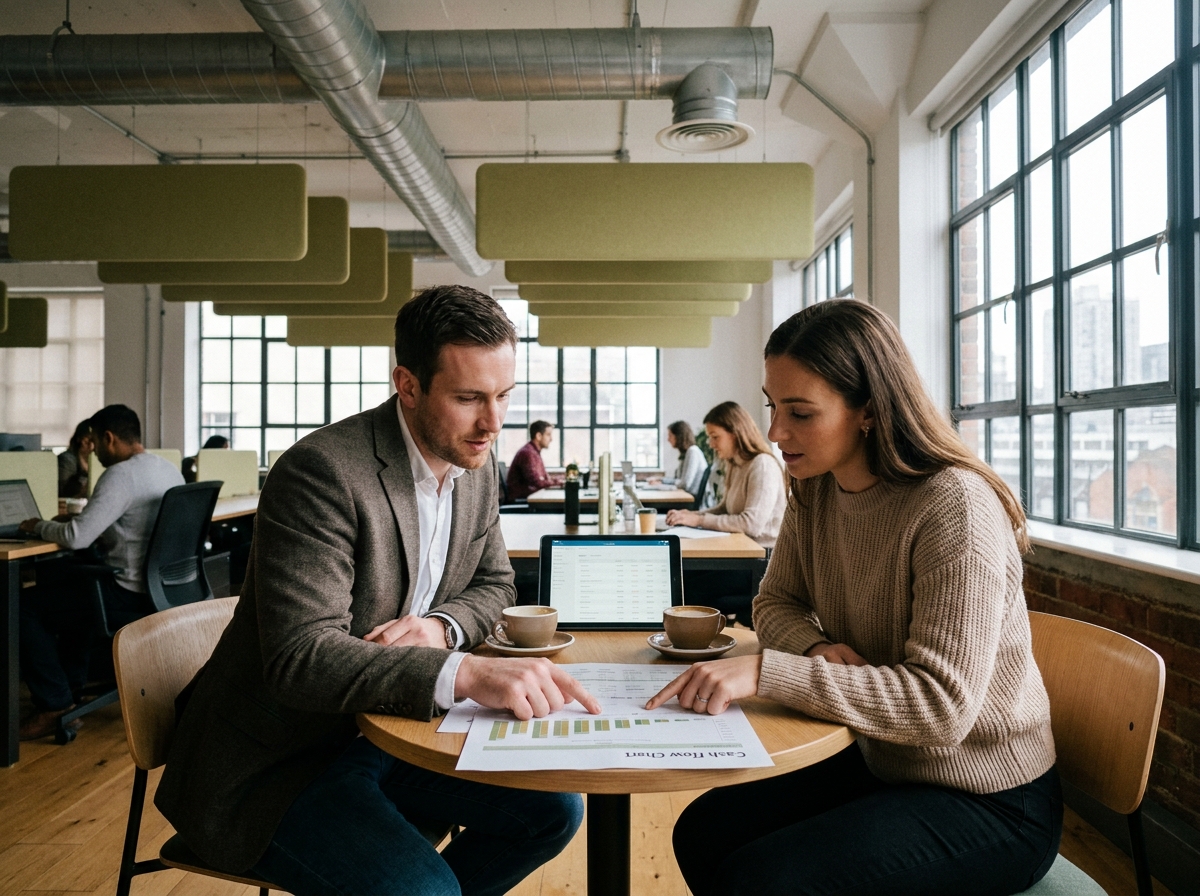 Deux associés en réunion analysant un tableau de flux de trésorerie dans un espace de coworking contemporain