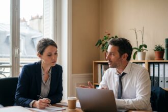 Jeune entrepreneur en réunion avec un comptable dans un cabinet comptable parisien moderne