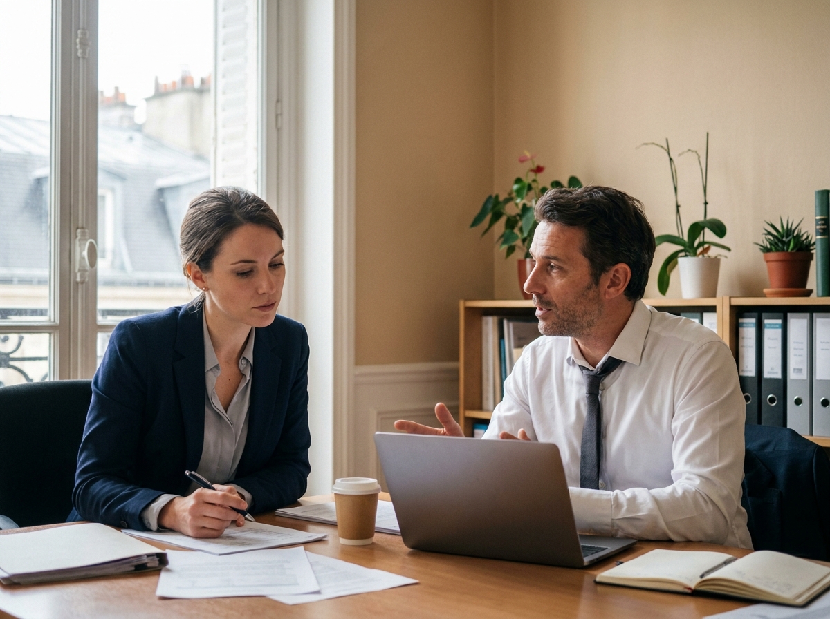 Jeune entrepreneur en réunion avec un comptable dans un cabinet comptable parisien moderne