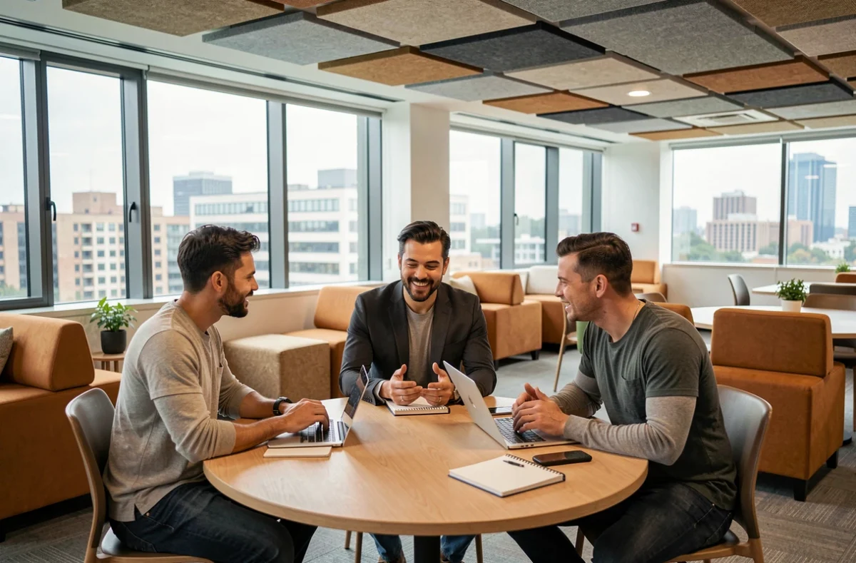 Groupe de professionnels en réunion collaborative dans un espace de coworking ouvert avec vue sur la ville